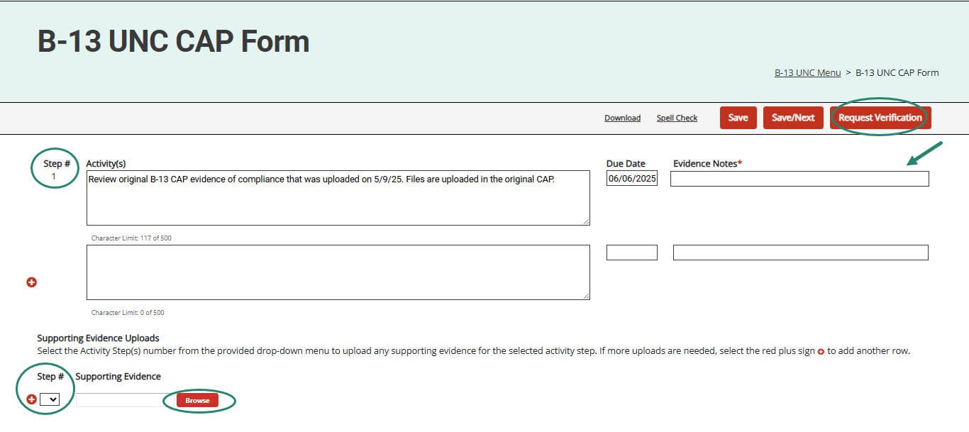 B-13 UNC CAP Form with step #, and evidence notes highlighted as well as the Browse and Request Verification buttons.