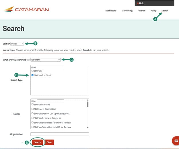 How to filter the ISD Plan for District search on the Search page.