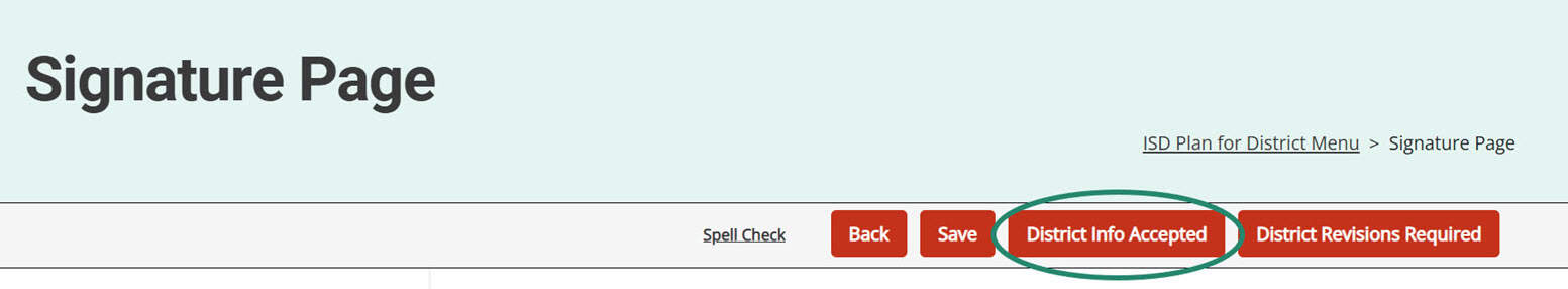 District Info Accepted button circled on the Signature Page.