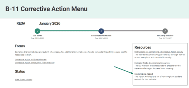 Student Data Report link from the B-11 CA Menu.
