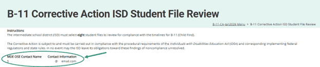 B-11 CA ISD Student File Review page with the MDE OSE Contact Information shown.