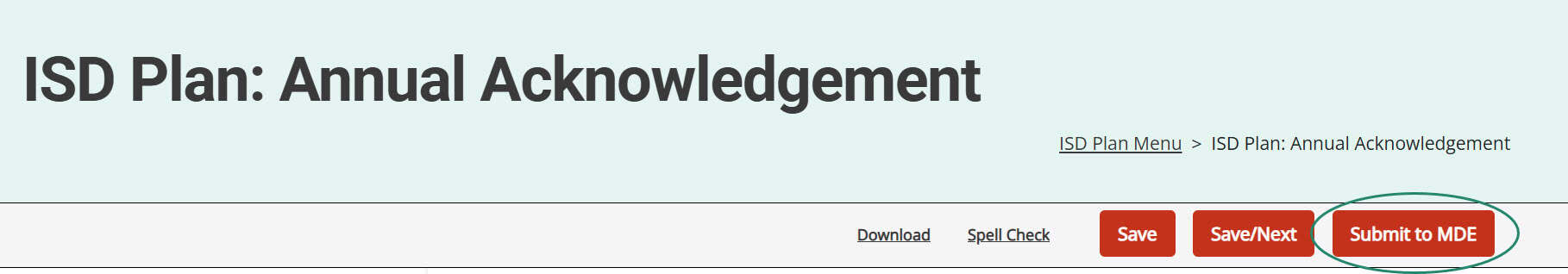 Submit to MDE button on the ISD Plan Annual Acknowledgement Form