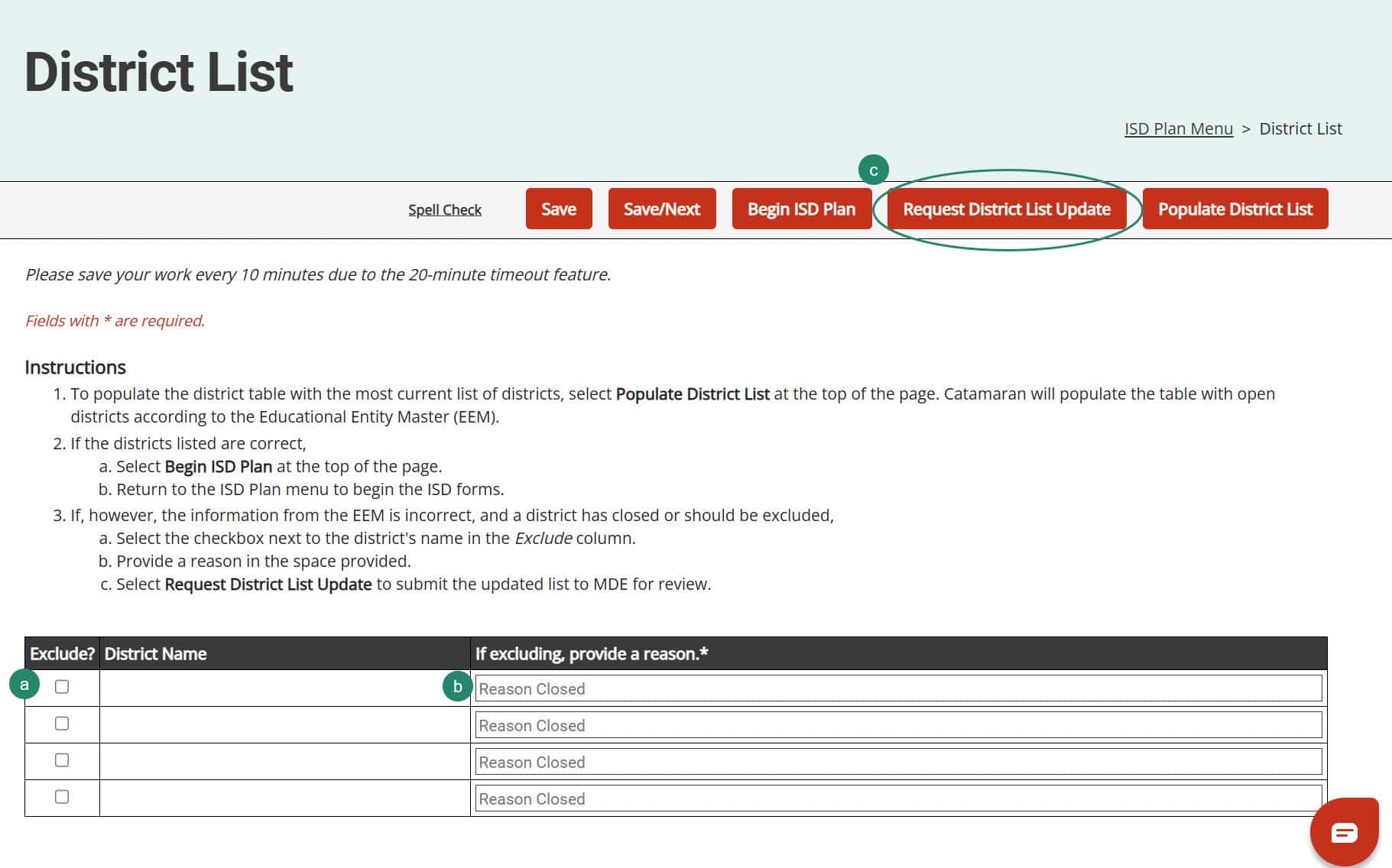 Steps A-C on how to complete the District List page.