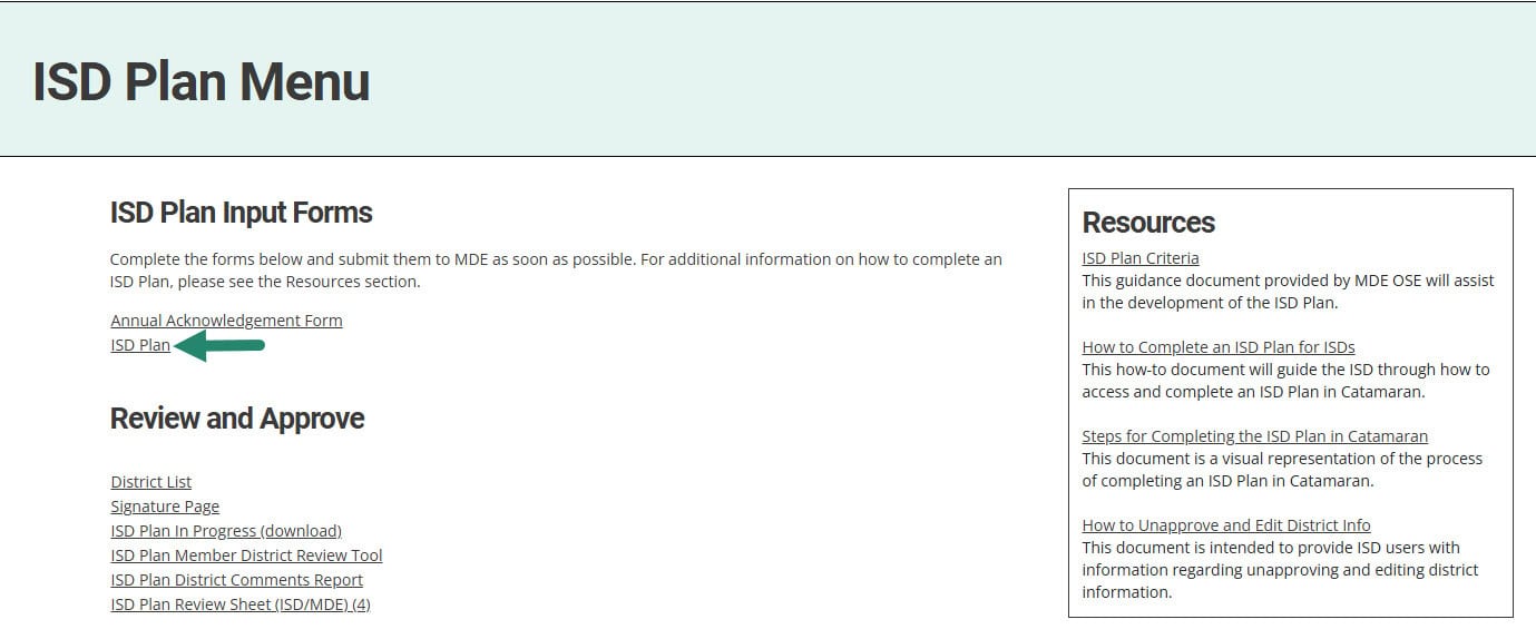 ISD Plan link on the ISD Plan Menu.