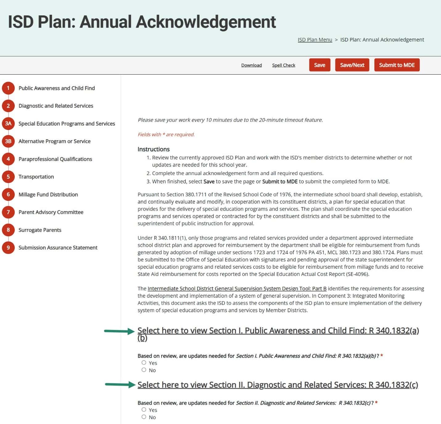 Select here to view Section I and Section II on the ISD Plan Annual Acknowledgement Form.