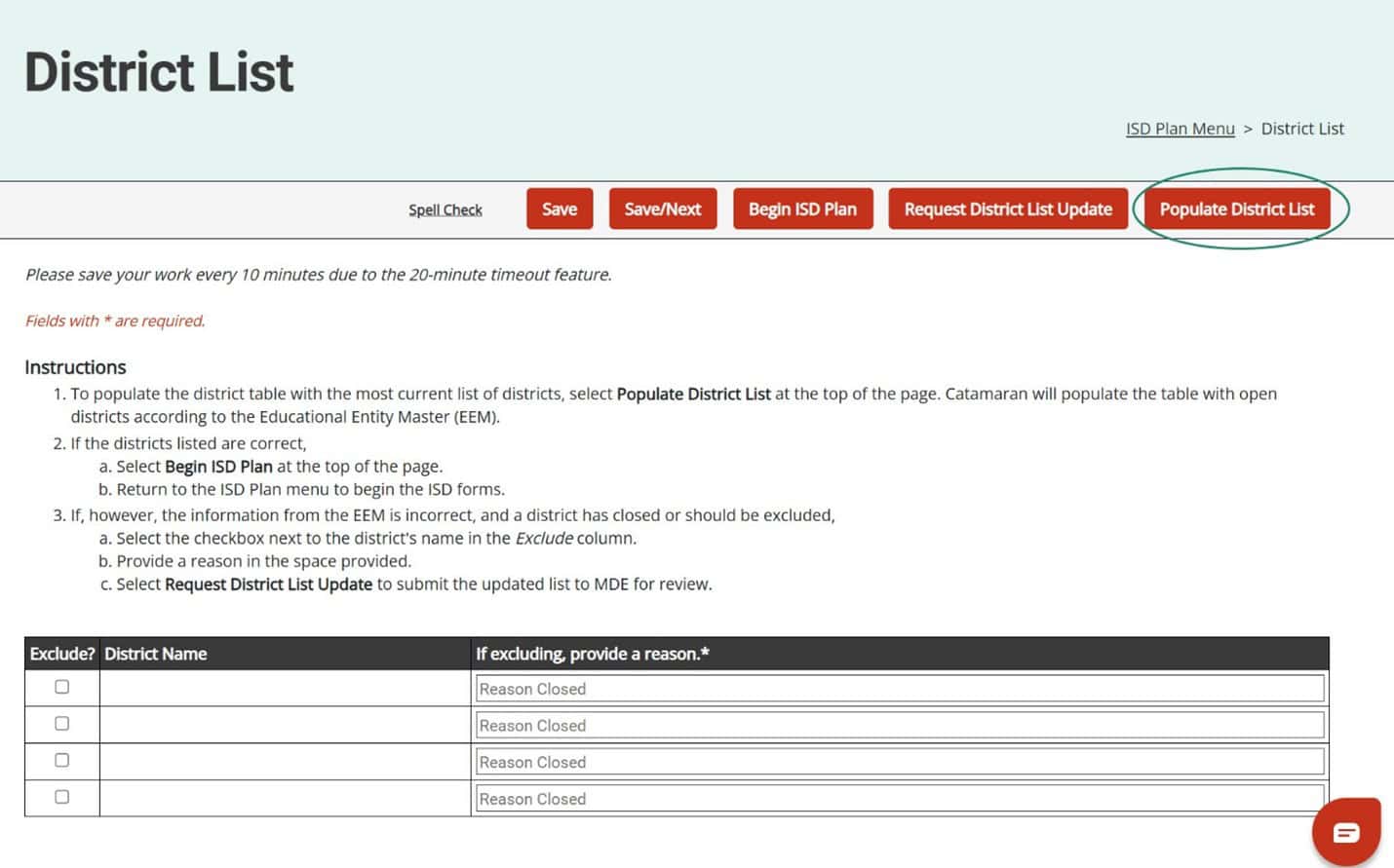 Populate District List button circled on the District List page.