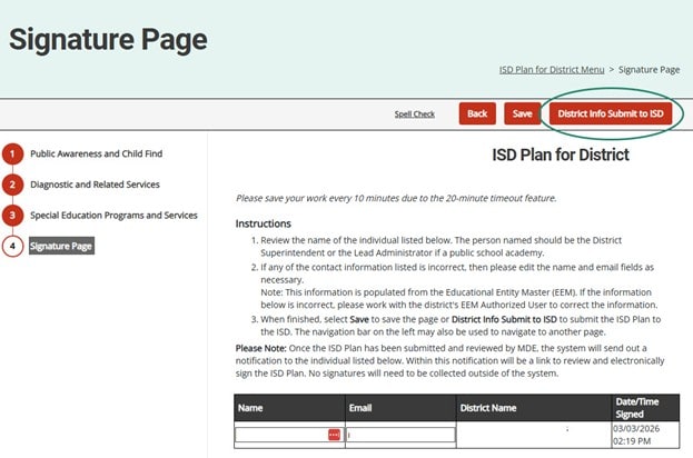 District Info Submit to ISD button on the Signature Page.