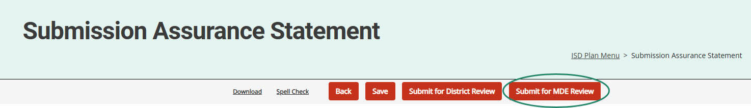 Submit for MDE Review button circled on the Submission Assurance Statement page.
