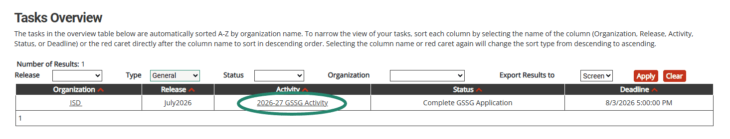 2026-27 GSSG Activity link circled on the Tasks Overview