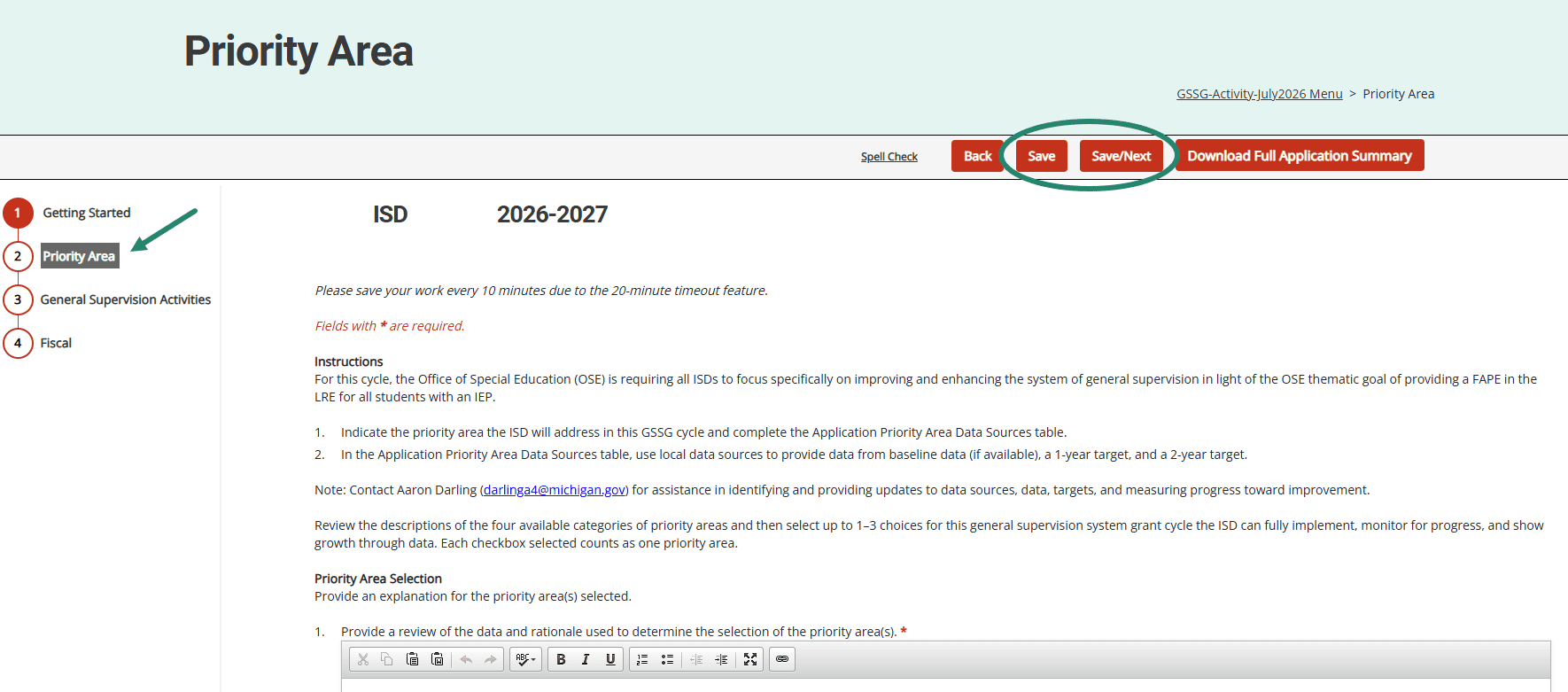 Save, Save/Next buttons circled on the Priority Area page