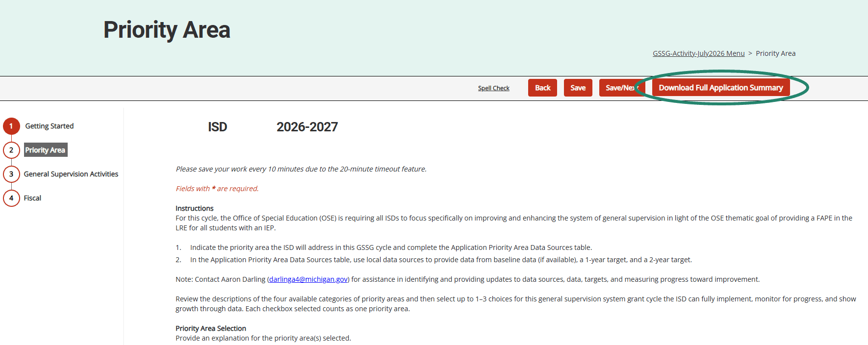 Download Full Application Summary button circled on the Priority Area page.