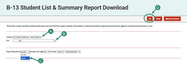 How to export the B-13 Student List & Summary Report download