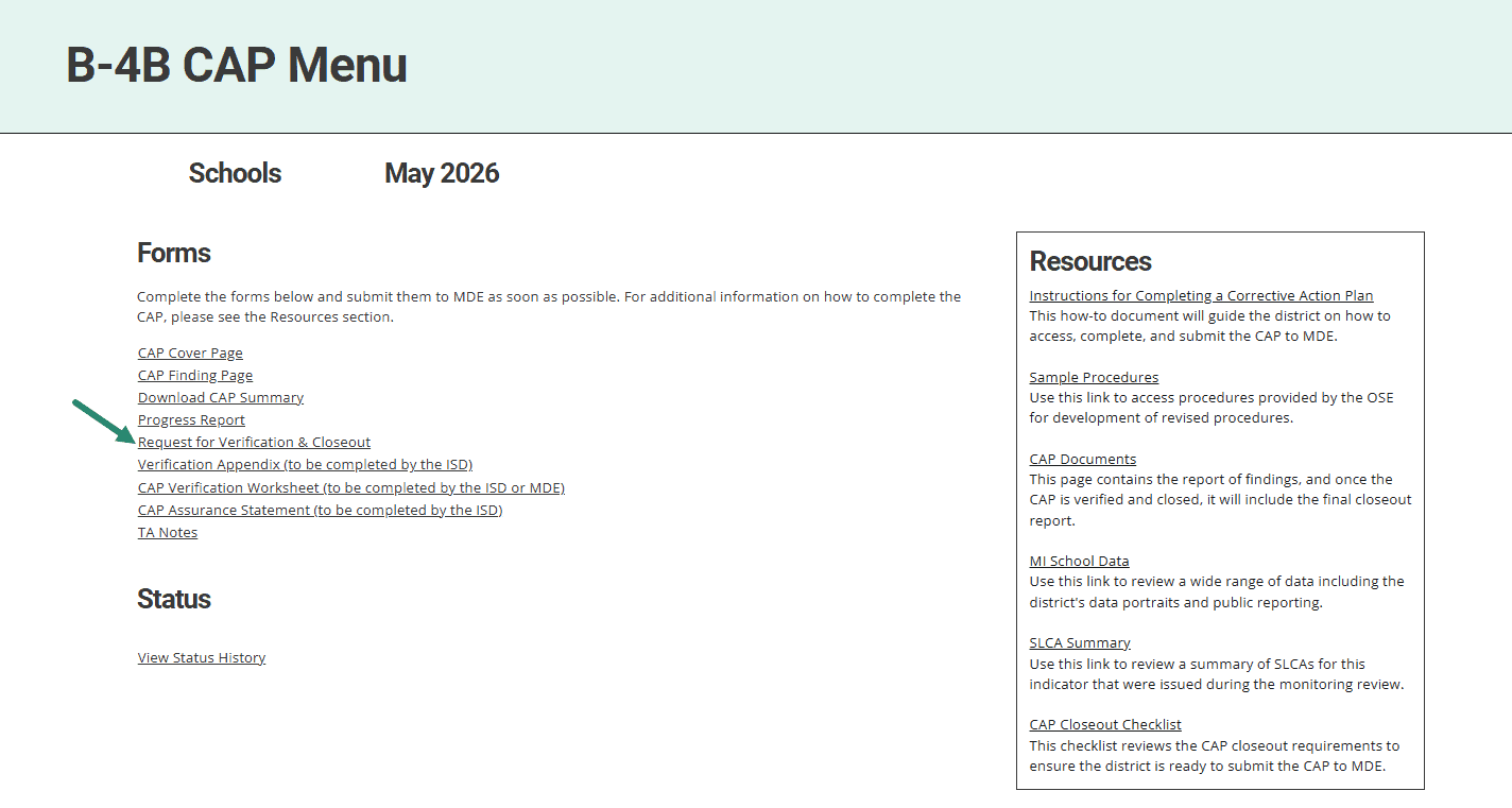 Request for Verification & Closeout link on the B-4B CAP Menu,