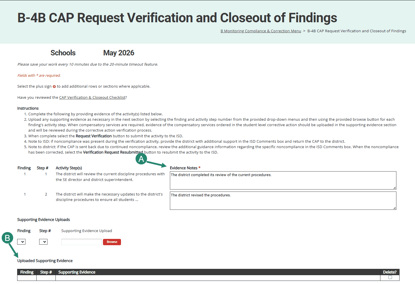 Steps A-B on the CAP Request Verification and Closeout of Findings page.