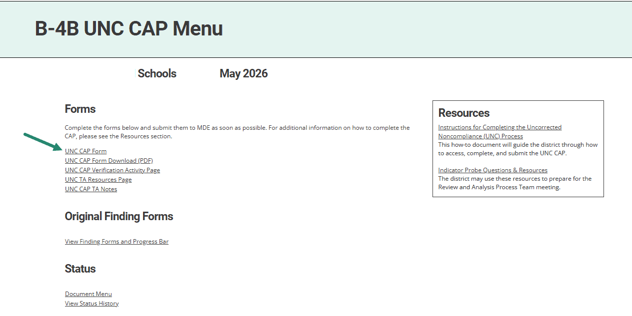 UNC CAP Form link on the B-4B UNC CAP Menu