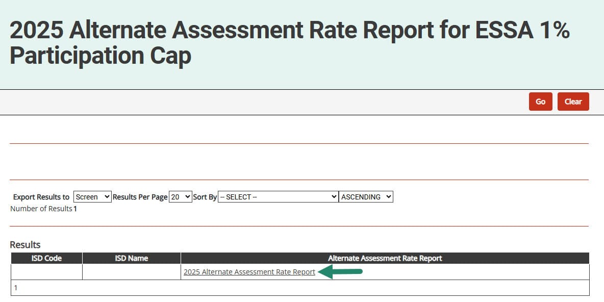 Link to report after the Alternate Assessment Rate Report for ESSA 1% Participation Cap in Catamaran