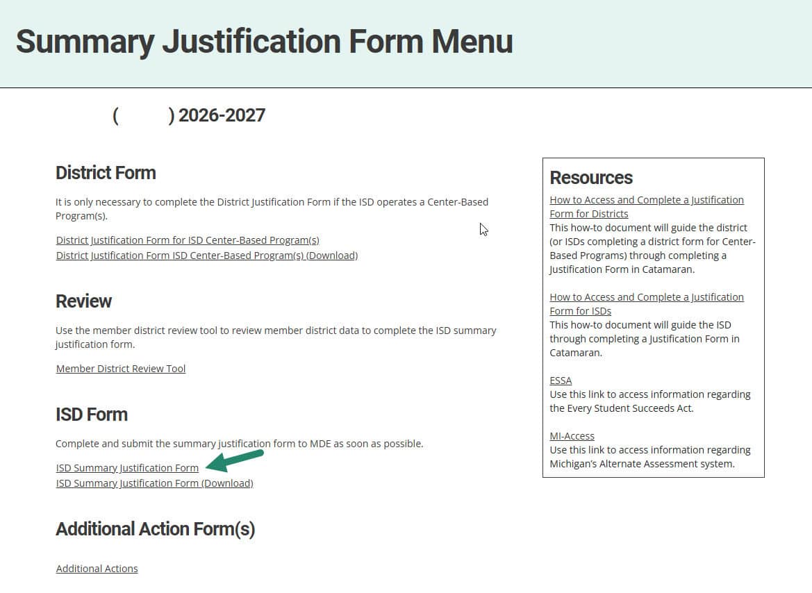 Link to ISD Summary Justification Form on the Summary Justification Form Menu