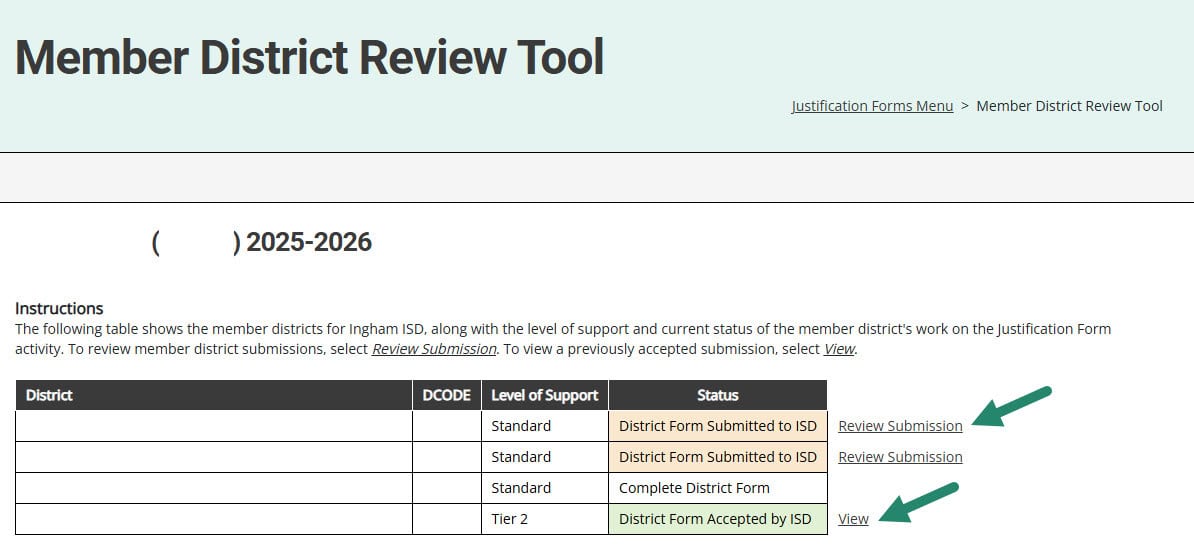 Links to View and Review Submission on Member District Review Tool page