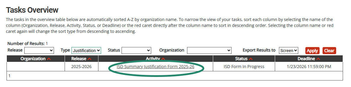 ISD Summary Justification Form circled on the Tasks Overview