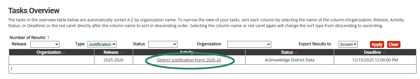 District Justification Form link on the Tasks Overview