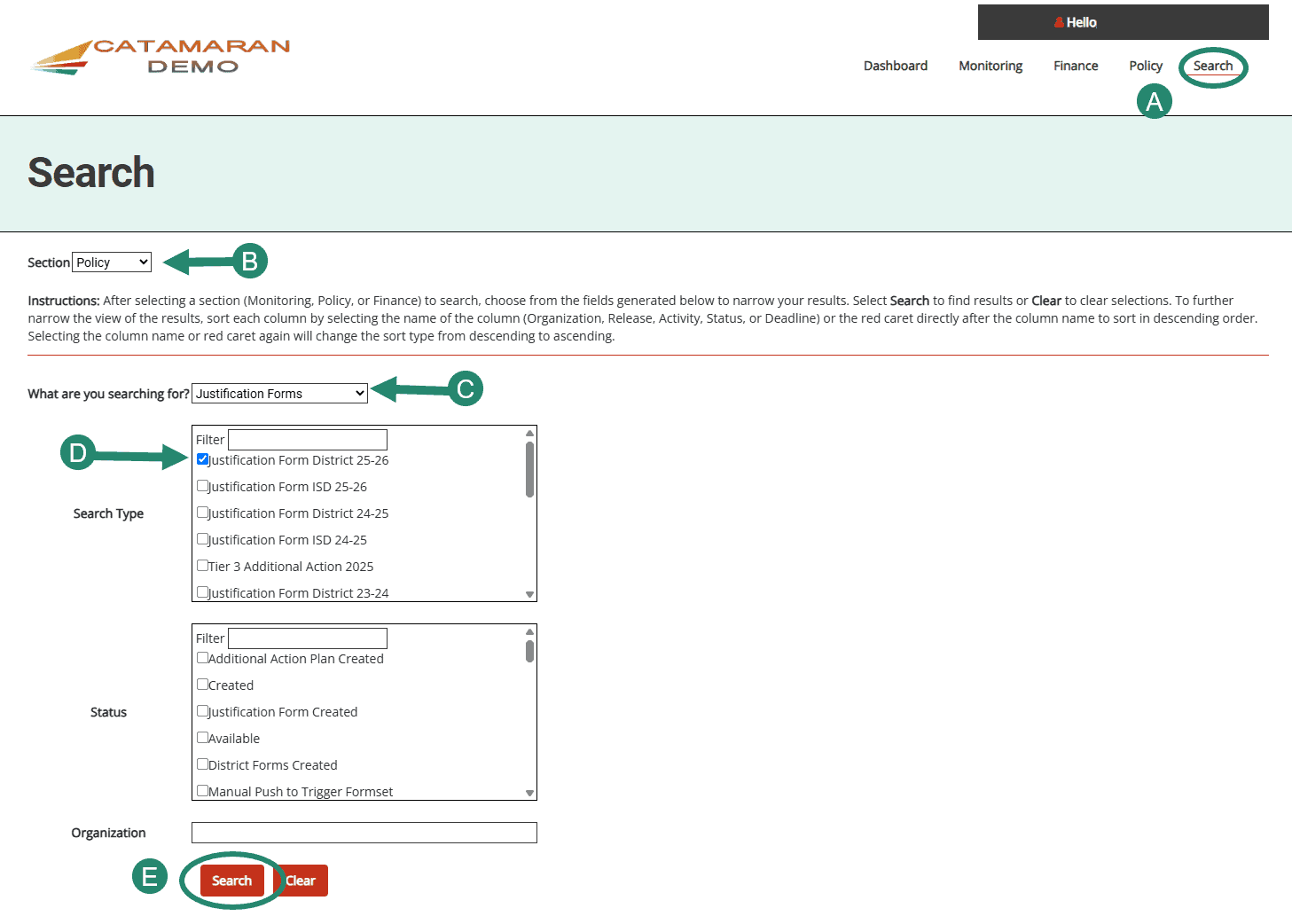 How to search for a District Justification Form in Catamaran